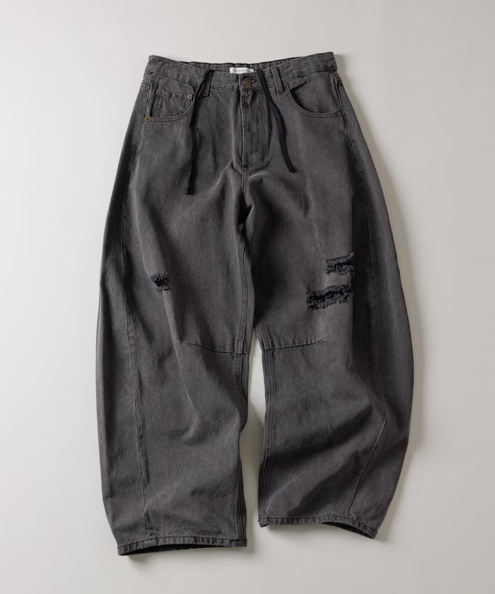 Wide Silhouette Curve Damaged Denim Pants