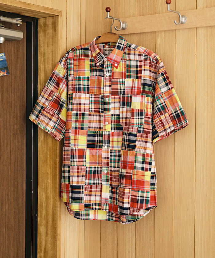 Indian-made Relaxed Fit Madras Check Patchwork Button-down Short Sleeve Shirt