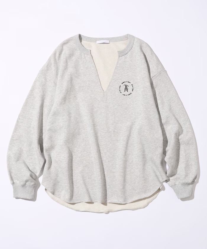 Organic Cotton V-Neck Embroidery Sweatshirt / Relaxed Fit / French Terry Sweatshirt - Gray