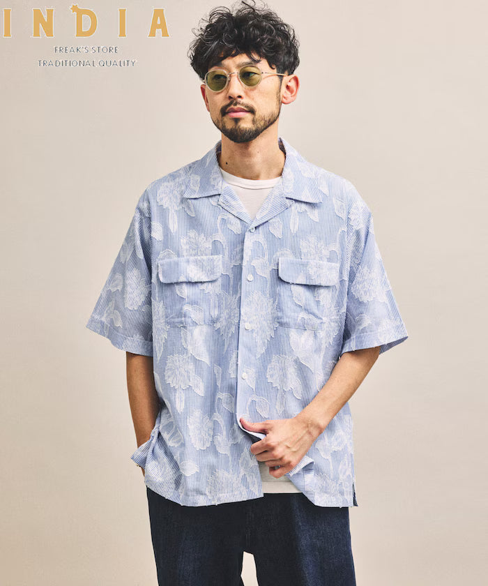 India-made Relaxed Fit Cut Jacquard Stripe Open Collar Short Sleeve Shirt - Sax blue