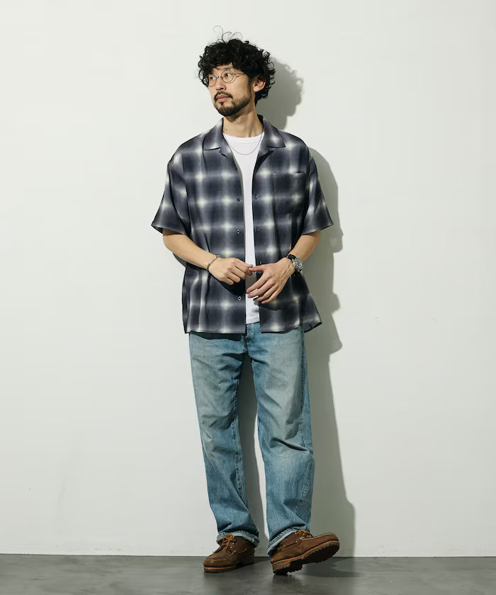 Mesh Open Collar Pattern Short Sleeve Shirt / Allover Design Open Collar Shirt / Big Silhouette