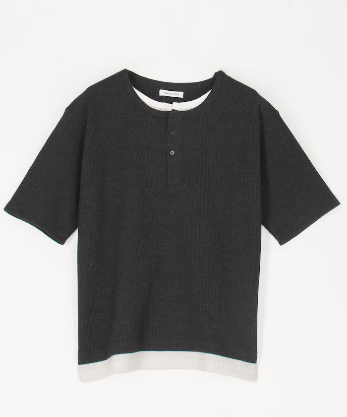 Waffle Fake Layered Henry Neck T-Shirt