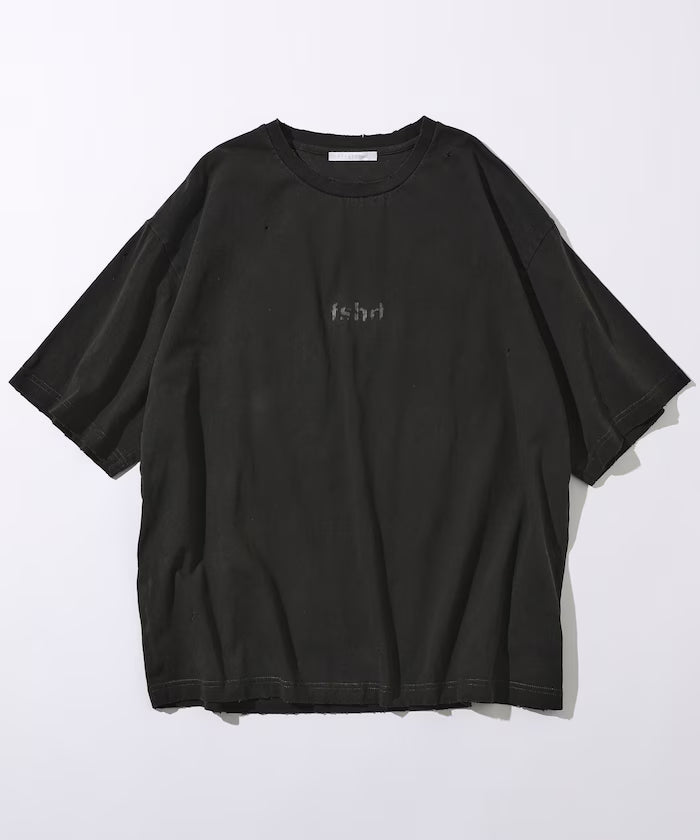 7.3 oz damaged processed front logo print short sleeve T-shirt / oversized crew neck short sleeve T-shirt