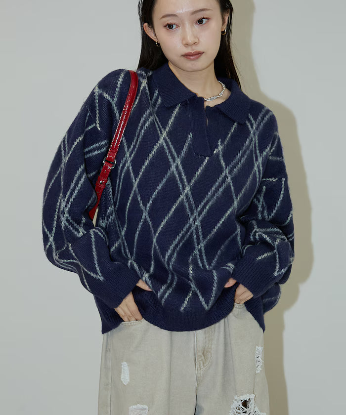 Checked pattern mohair touch skimmer knit limited edition