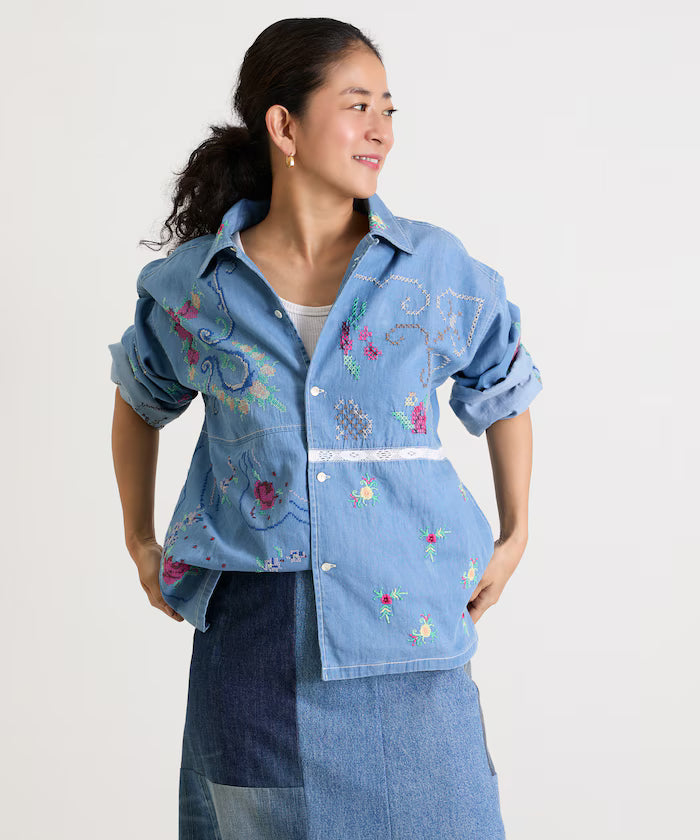 Open Collar Embroidered Shirt Jacket