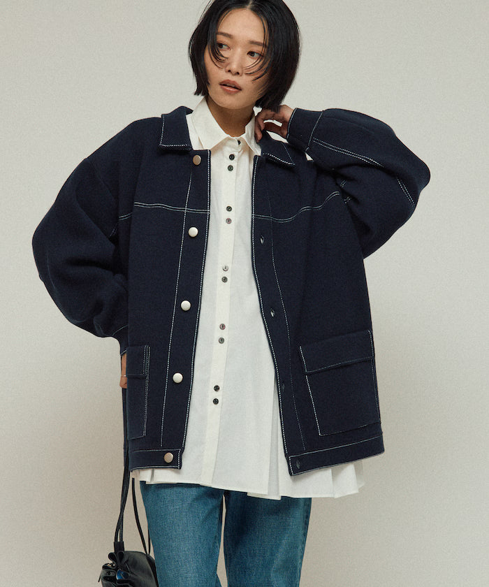 Oversized Wool Blend Knit Coverall / Color Stitch Knit Jacket