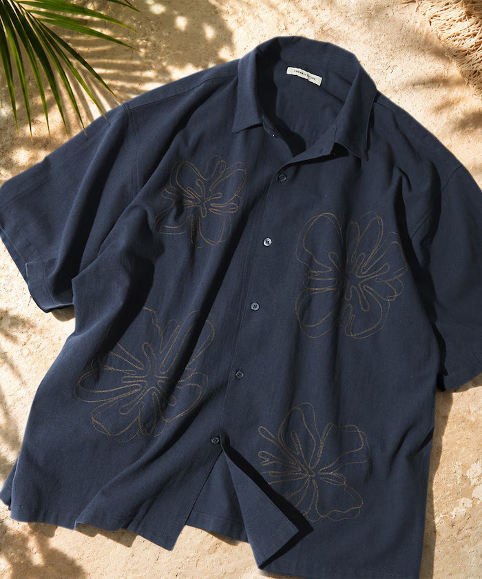 Relaxed Fit Flower Embroidered Short Sleeve Open Collar Shirt [Limited Edition] - Navy