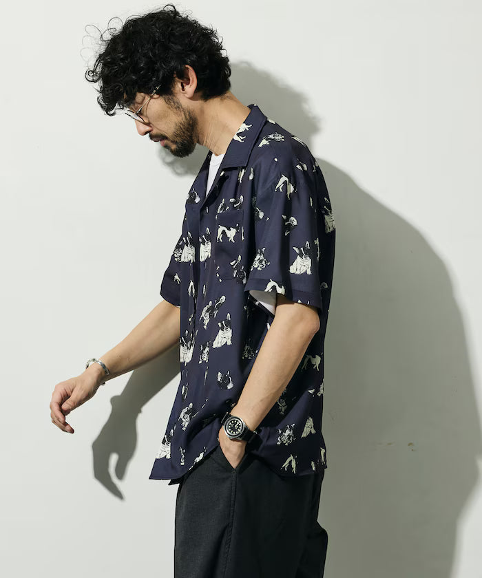 Mesh Open Collar Pattern Short Sleeve Shirt / Allover Design Open Collar Shirt / Big Silhouette