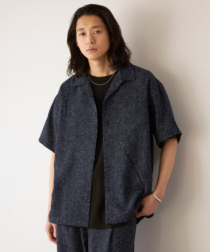 Summer Tweed Short Sleeve Open Collar Shirt / Suitable for Setup - Navy