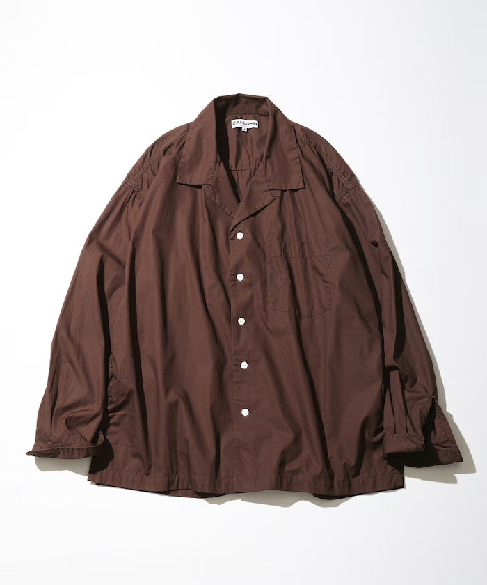 Magazine Pocket Broadcloth Open Collar Shirt - Brown