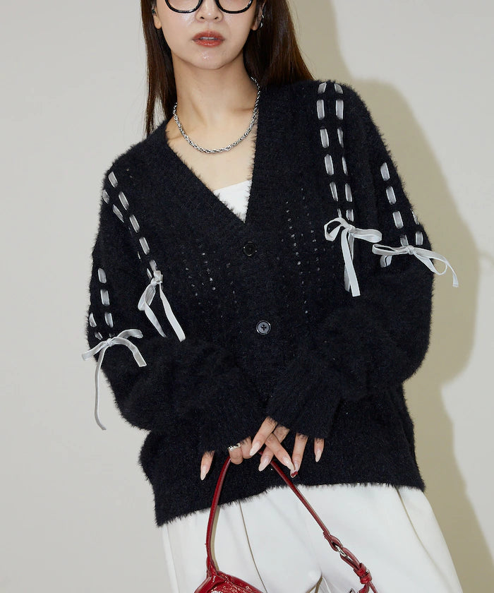 Velour Ribbon Braided Feather Knit Cardigan Limited Edition - Black