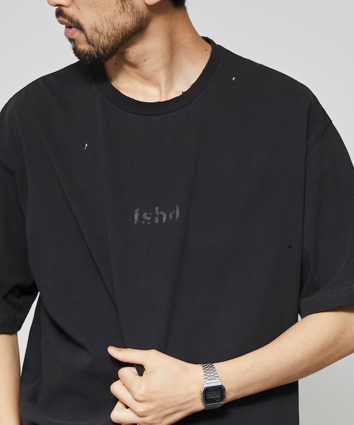 7.3 oz damaged processed front logo print short sleeve T-shirt / oversized crew neck short sleeve T-shirt