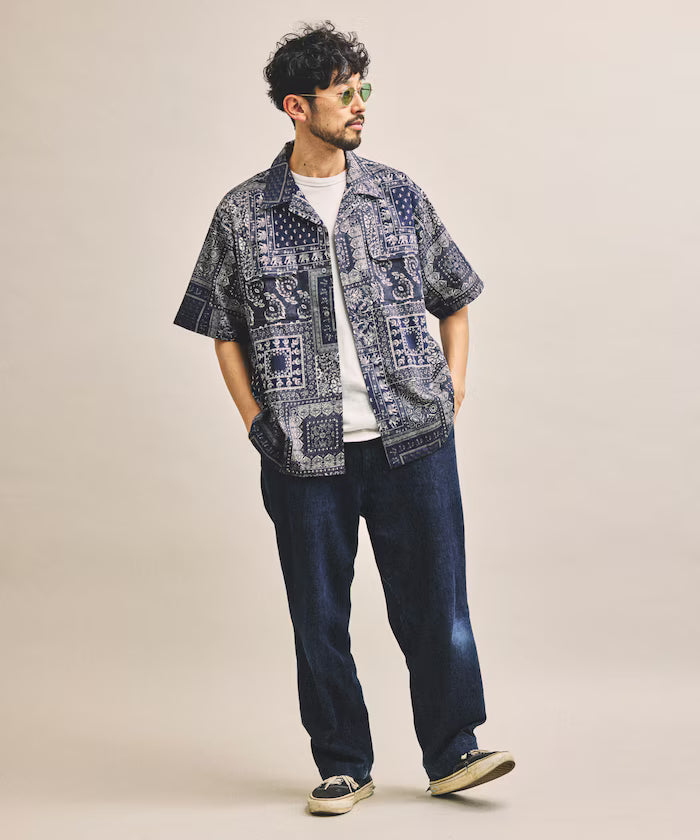 India-made Relaxed Fit Paisley Print Open Collar Short Sleeve Shirt Bandana Pattern
