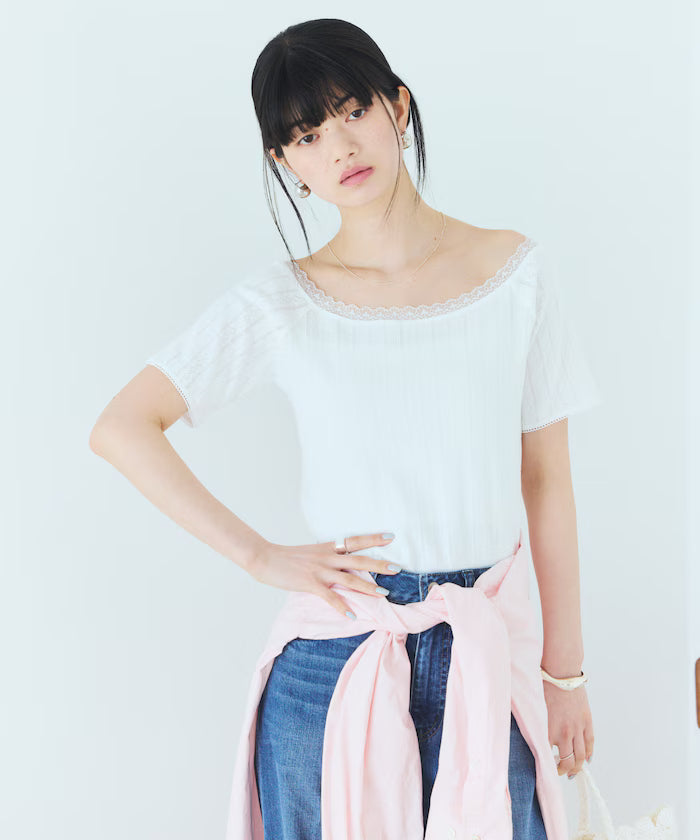 Boat Neck Pullover Knit Lace T-Shirt