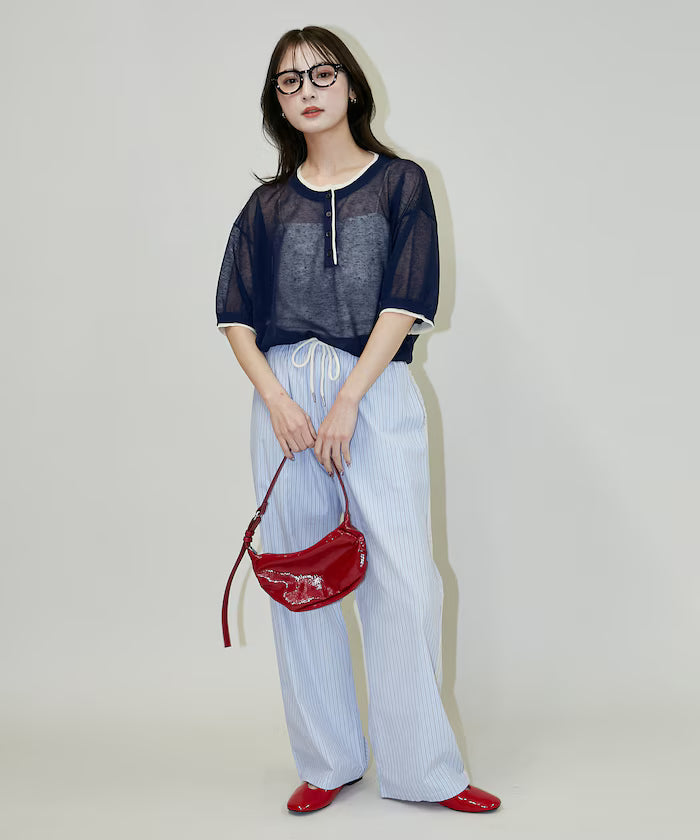 Washable linen color block henley neck knit top limited release