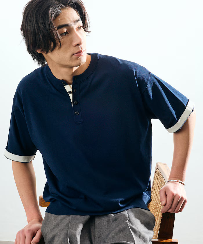 Relax Fit Relax Fit Cool Touch Color Block Henry Neck Pullover 【Limited Edition】 - Navy