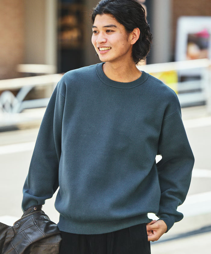Sweat-like Crew Neck Knit - Blue Green