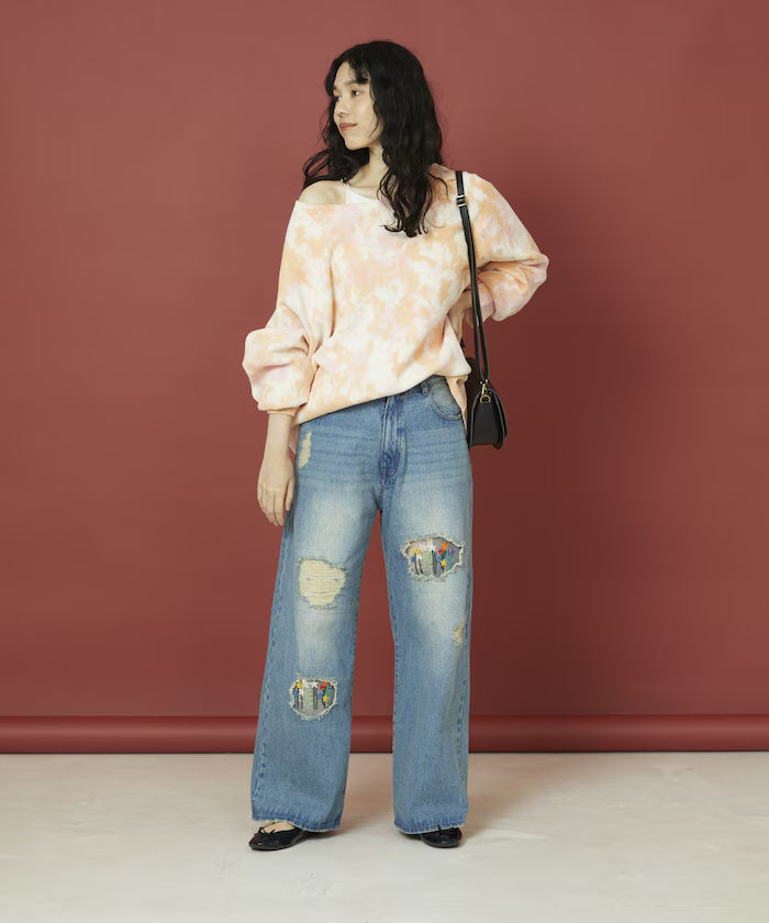 Flower Embroidery Wide Denim