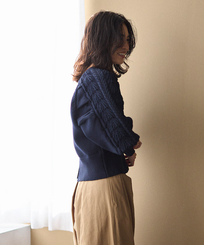 Variation Button Volume Sleeve Cable Knit Cardigan