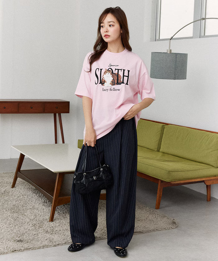 <Functional Material> SLOTH Embroidered Cat T-Shirt Limited Edition
