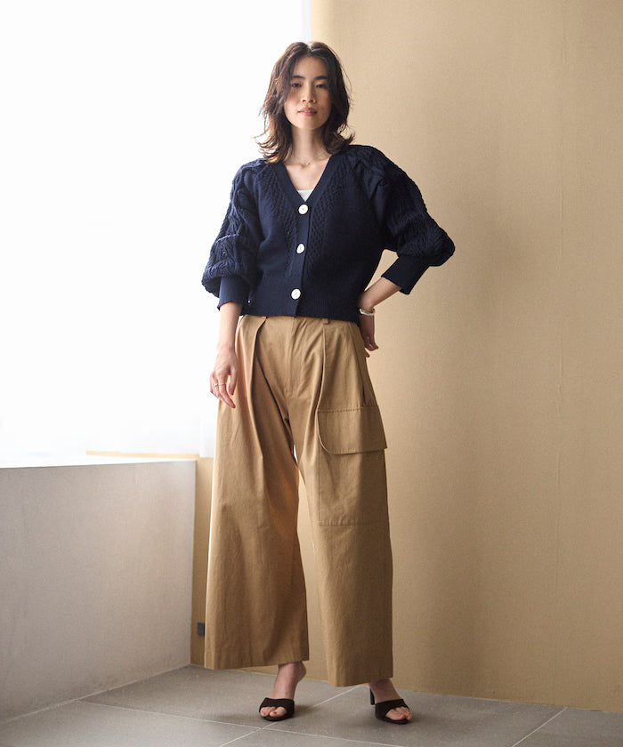 Variation Button Volume Sleeve Cable Knit Cardigan