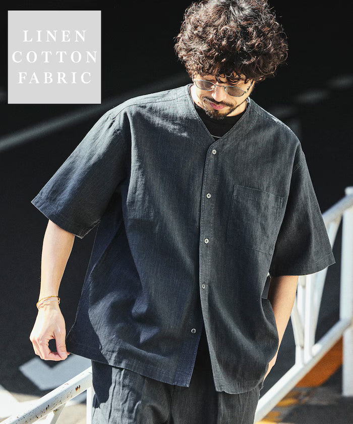 LINEN COTTON V NECK SHIRT - Charcoal Gray