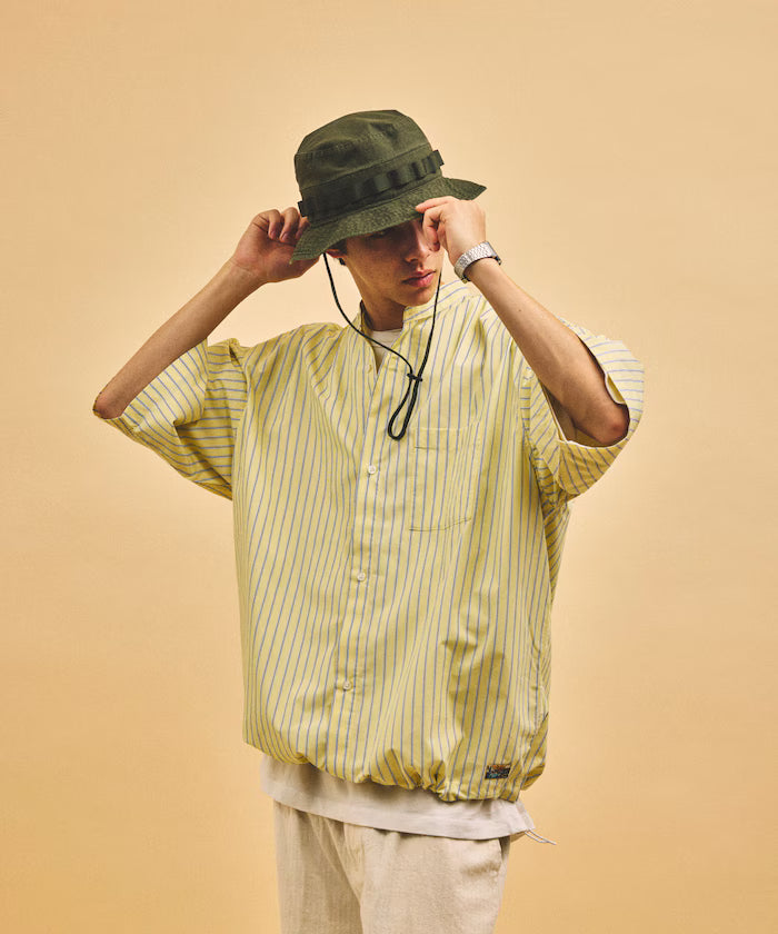 Typewriter Spindle Band Collar Stripe Short Sleeve Shirt