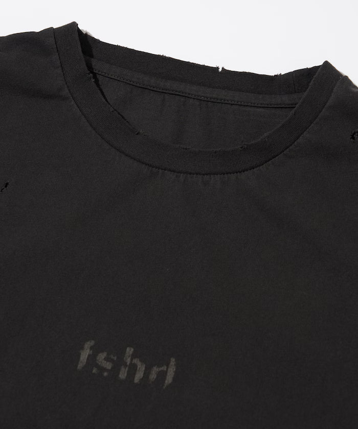 7.3 oz damaged processed front logo print short sleeve T-shirt / oversized crew neck short sleeve T-shirt