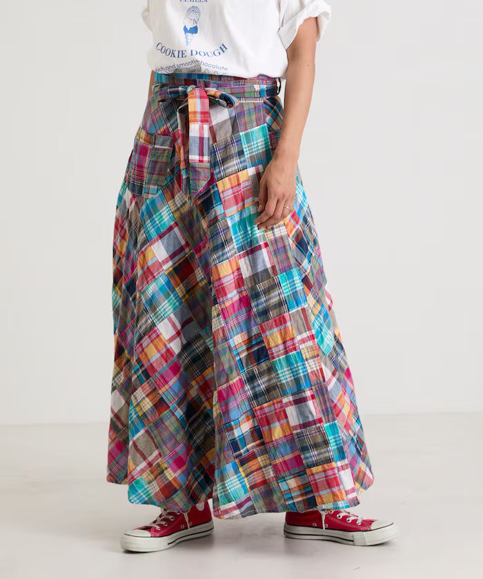 Indian patchwork check wrap skirt