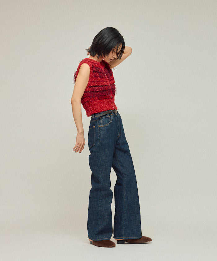 Mixed Material Fringe Knit Vest / Striped Knit Vest 25AW