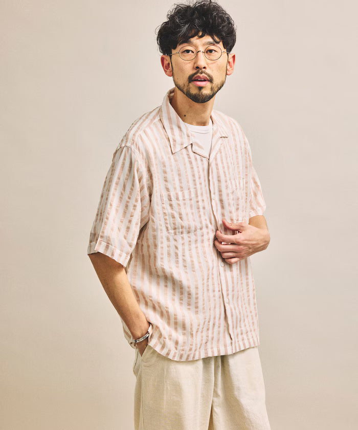 Indian-made Relaxed Fit Wide Stripe Sheer Sucker Open Collar Short Sleeve Shirt