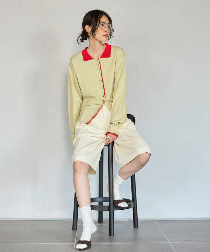 Color Design Fake Layered Long Sleeve Polo Knit Cardigan