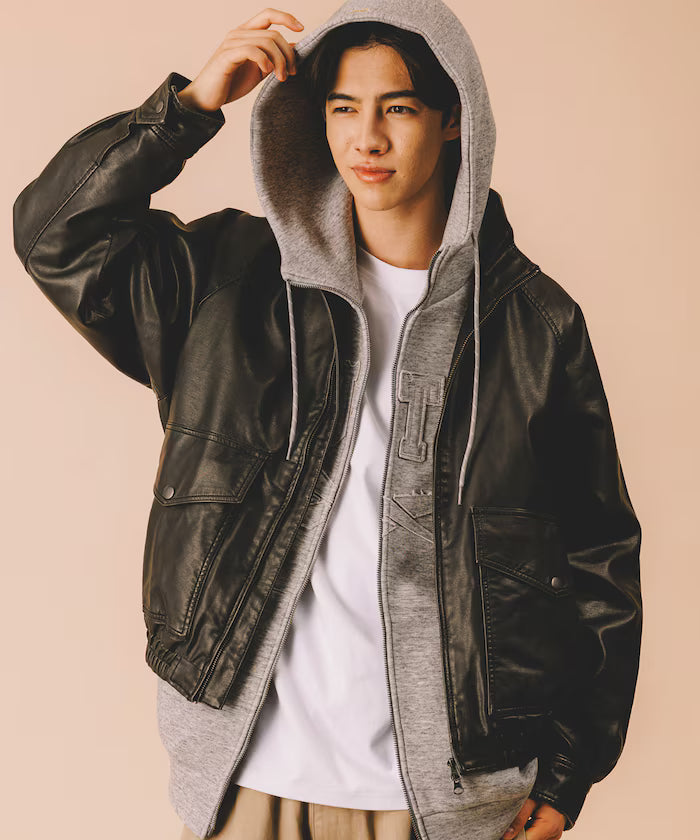 Washed processed leather red stand collar zip-up short blouson