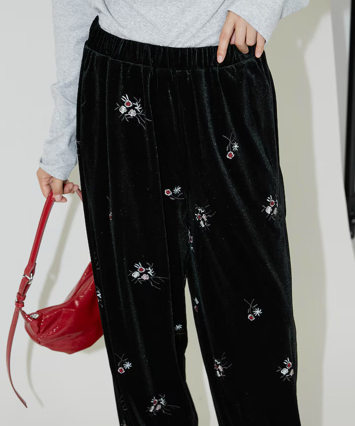 Flower Embroidery Velvet Easy Pants Limited Edition