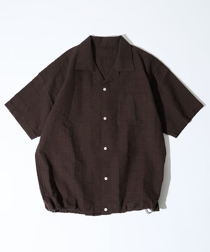 Seersucker Spindle Open Collar Short Sleeve Shirt - Brown