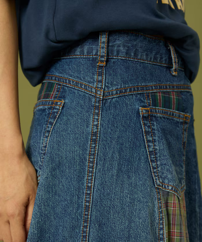 Side Front Denim Color Block Flared Skirt