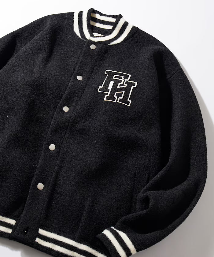 Relaxed Fit Logo Knit Varsity Jacket - Black