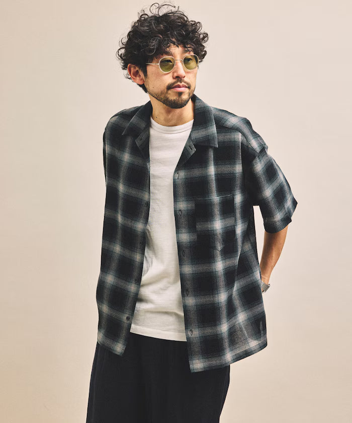 Dyed Ombre Check Open Collar Short Sleeve Sheer Shirt Relaxed Fit