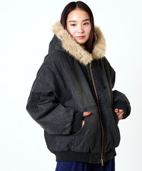 2way fake fur zip-up padded hooded jacket with detachable fur - Charcoal gray