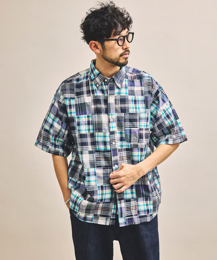 Indian-made Relaxed Fit Madras Check Patchwork Button-down Short Sleeve Shirt