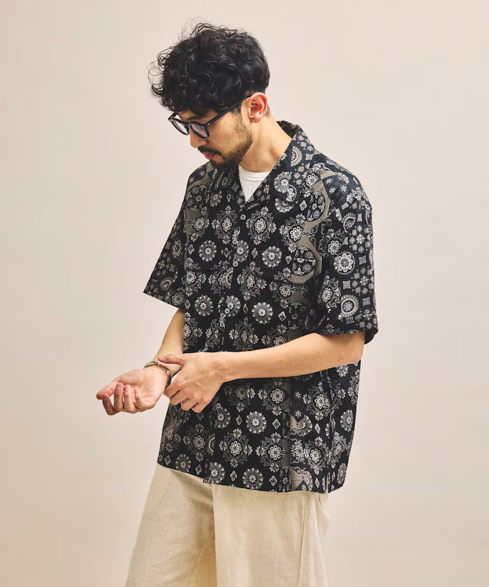 [New color added] Indian-made Relaxed Fit Batik Pattern Print Open Collar Shirt Short Sleeve Small Pattern