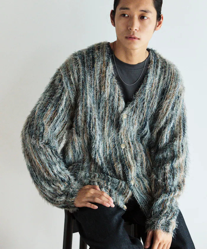 Relaxed Fit Shaggy Knit Multi-Stripe Cardigan