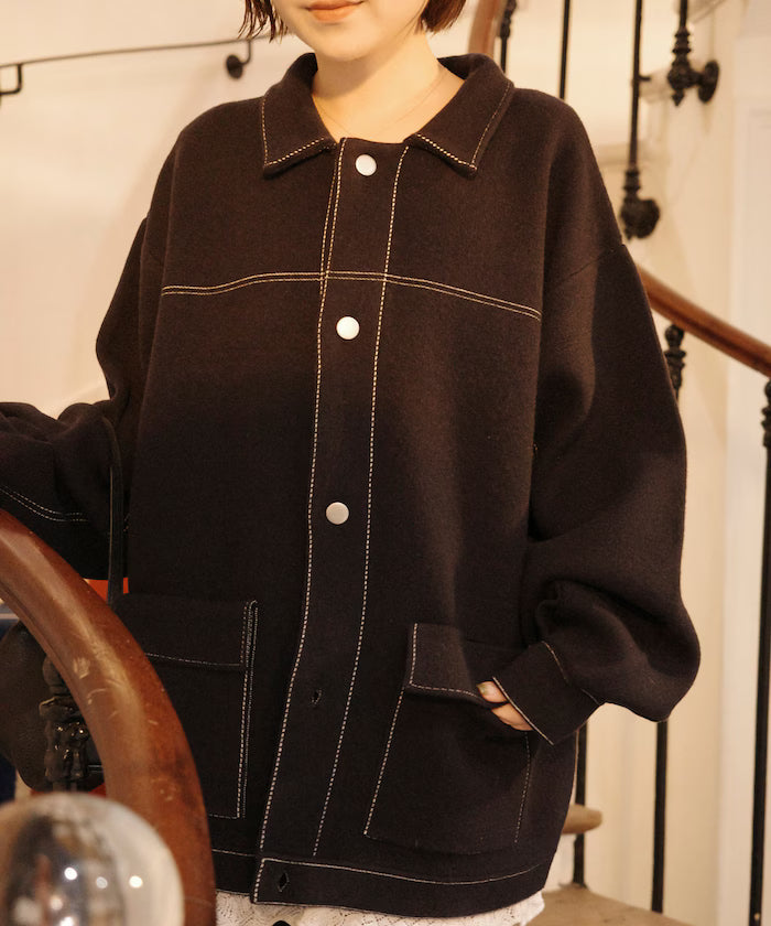 Oversized Wool Blend Knit Coverall / Color Stitch Knit Jacket