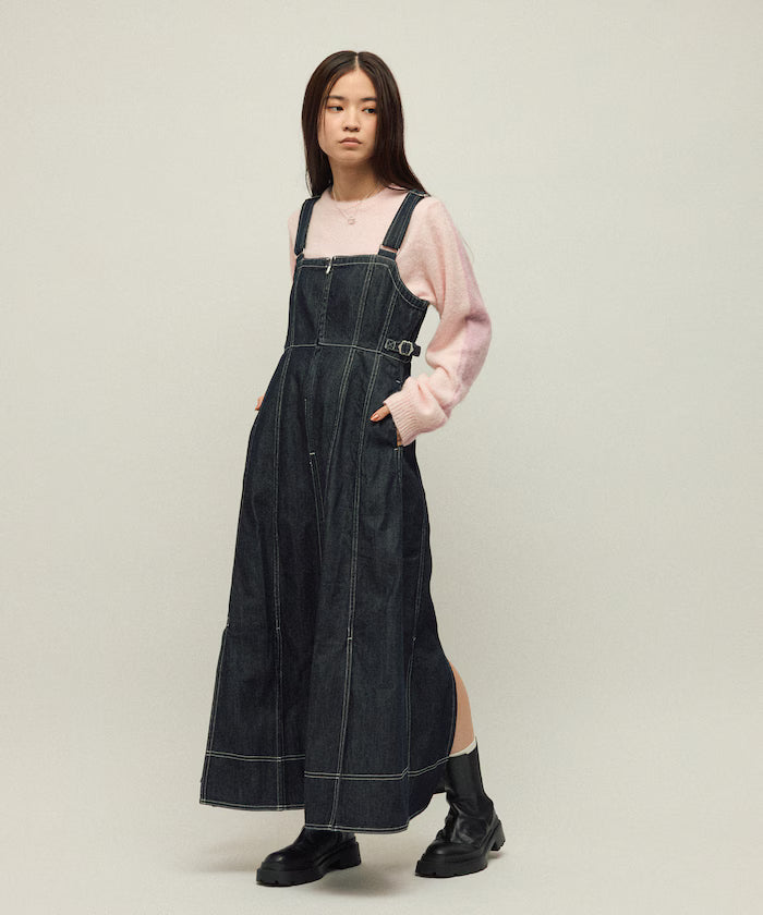 Denim Mermaid Dress / A-Line Slit Denim Overall Dress / Jumper Skirt