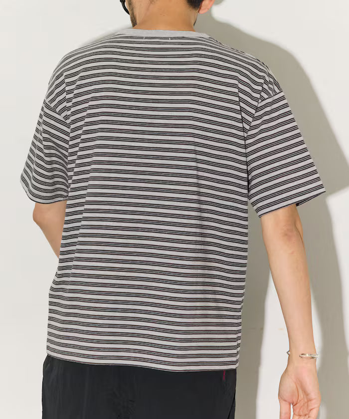 Multi-border Henley Neck Short Sleeve T-shirt