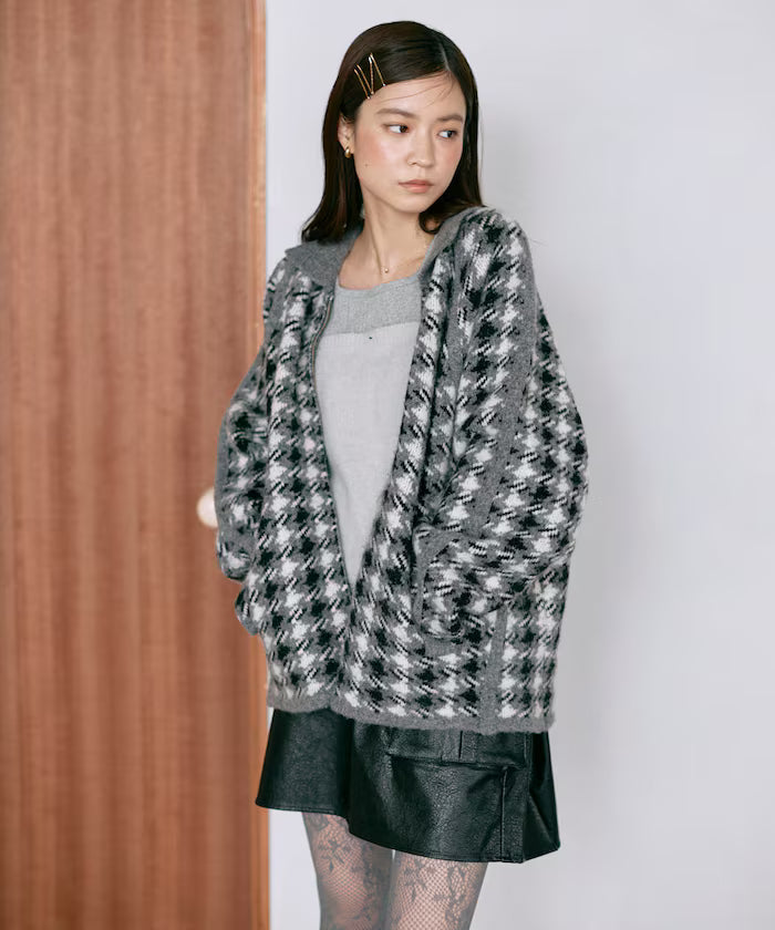 Wool Blend Gancube Check Knit Zip Blouson