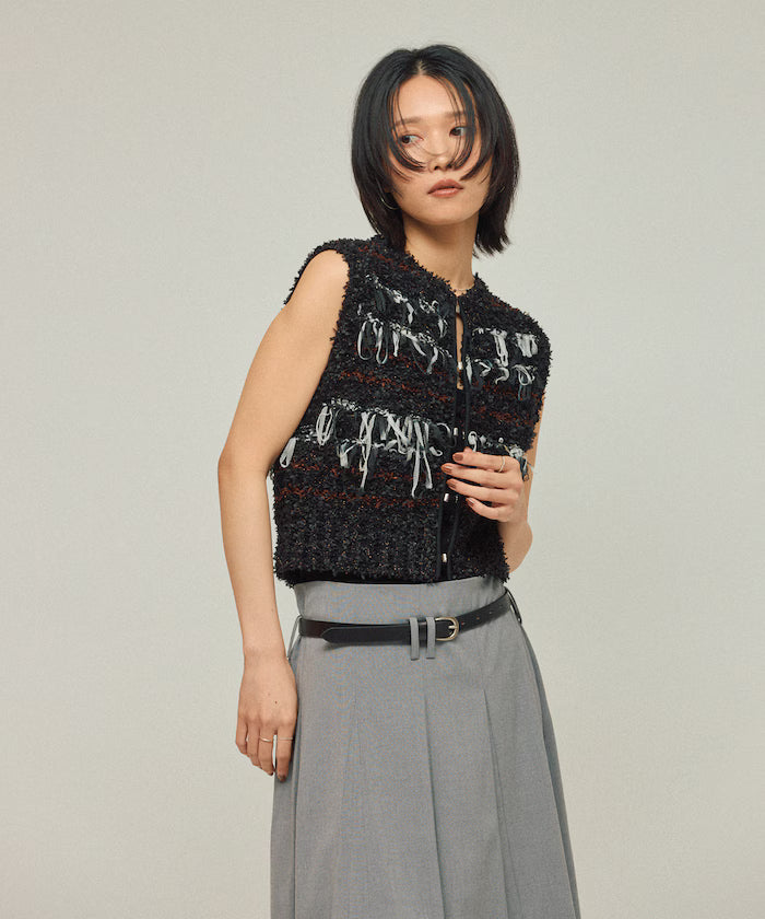 Mixed Material Fringe Knit Vest / Striped Knit Vest 25AW