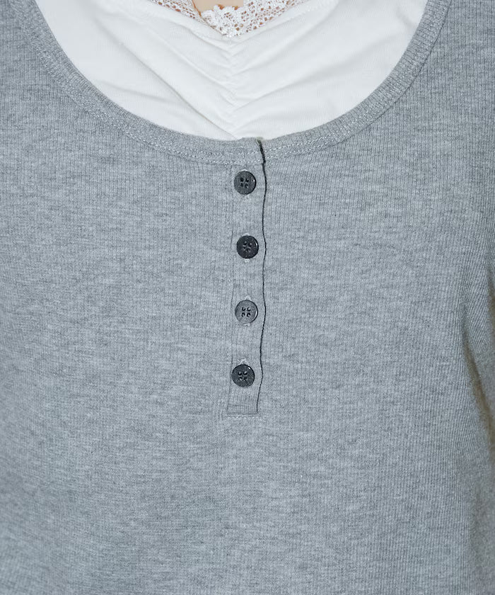 Short Sleeve Lace Layered Style Henley Neck T-Shirt Limited Edition