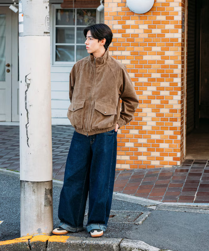 Washed processed leather red stand collar zip-up short blouson