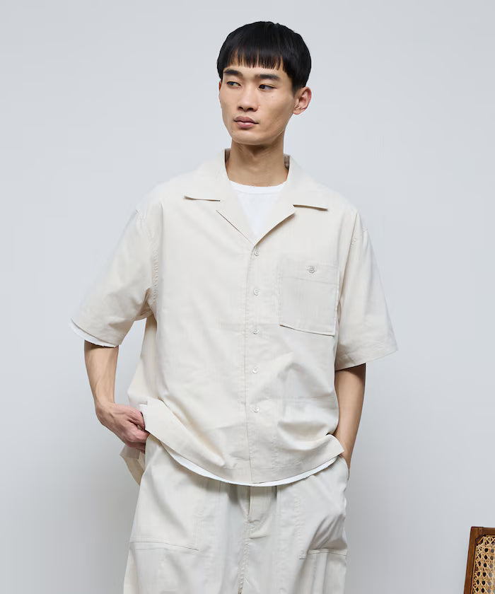 Ramie Blend Oversize Short Sleeve Open Collar Shirt / Easy Care Shirt / Linen Blend Short Sleeve Shirt